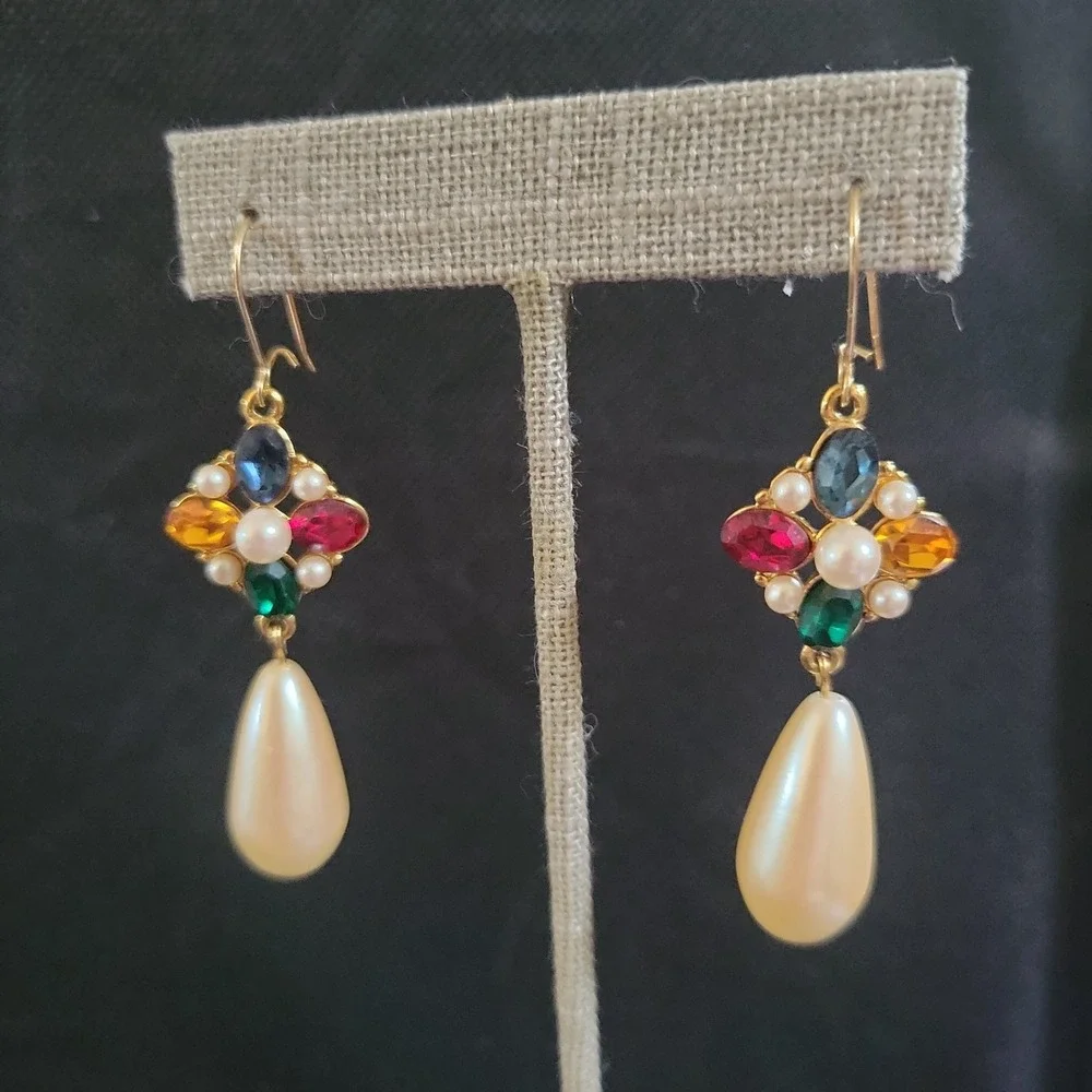 Regencycore Jewel Tone Cross Earrings Faux Pearl Teardrop Byzantine Dangle